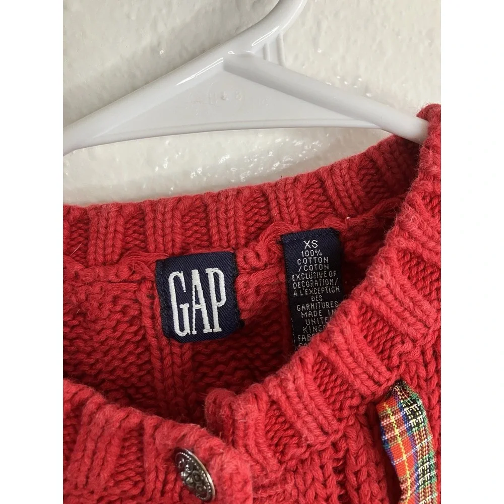 Vintage GAP Sweater Girls XS Red Cable‎ Knit Plaid Ribbon Cardigan 90s